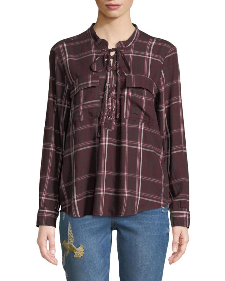 Zola Lace-up Plaid Long-sleeve Top