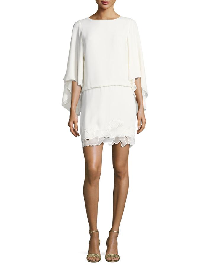 Flowy Sleeve Boat-neck Embroidered Blouson Cocktail Dress