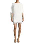 Flowy Sleeve Boat-neck Embroidered Blouson Cocktail Dress