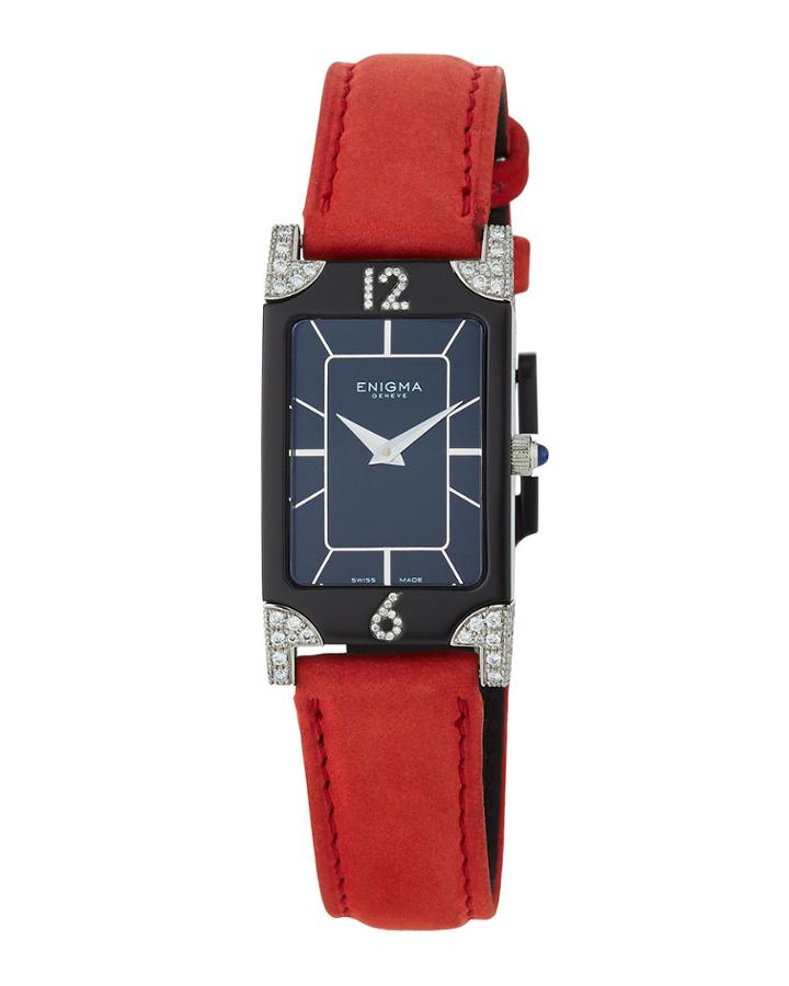 Rectangular Watch W/ Diamonds & Nylon Strap, Red/black