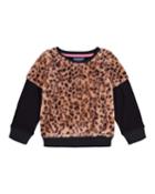 Girl's Leopard Print Faux Fur Trim Sweatshirt,