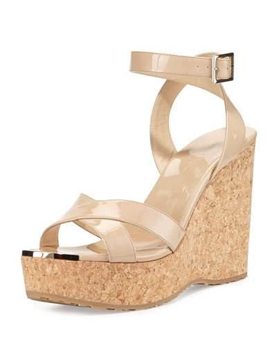 Papyrus Patent Cork Wedge, Nude