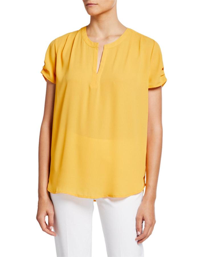 Split-neck Short-sleeve Pleated Georgette Top