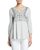 Embroidered 3/4-sleeve Crepe Blouse