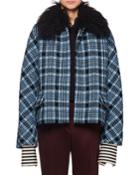 Heavy-knit Check Wool-blend Short Jacket W/ Faux-fur Collar