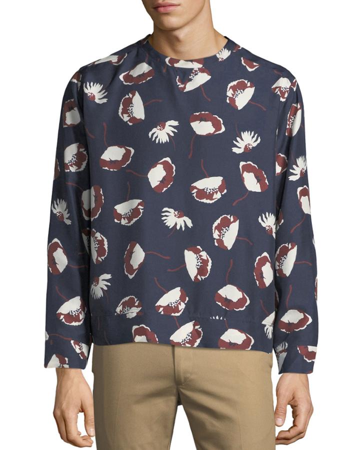 Men's Long-sleeve Floral-print Silk