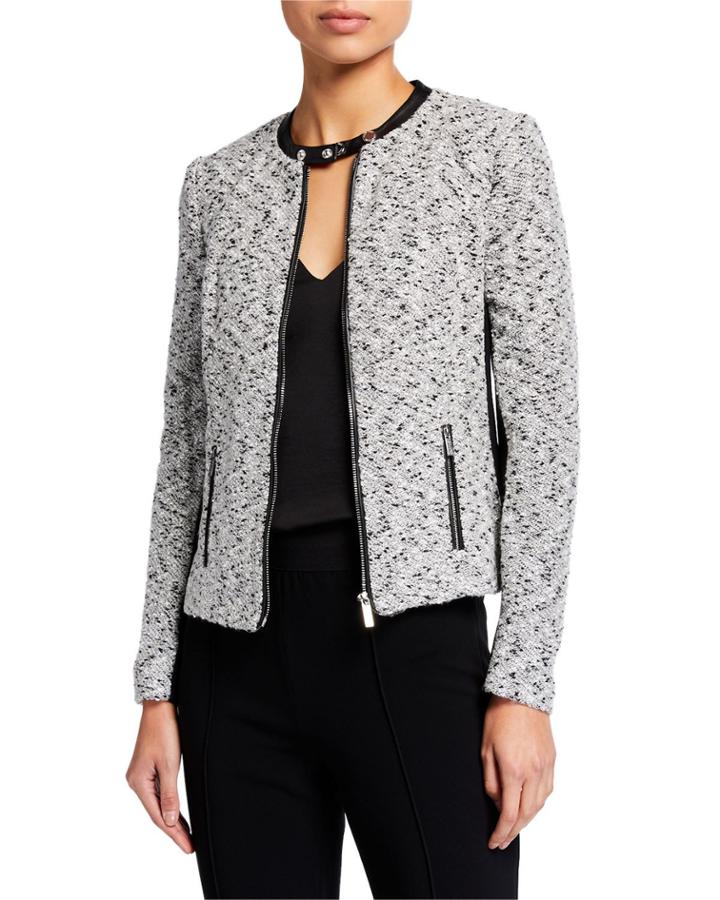 Melange Tweed Faux-leather Trim Jacket