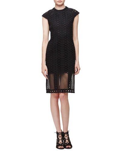 Cap-sleeve Tread-lace Sheath Dress, Black