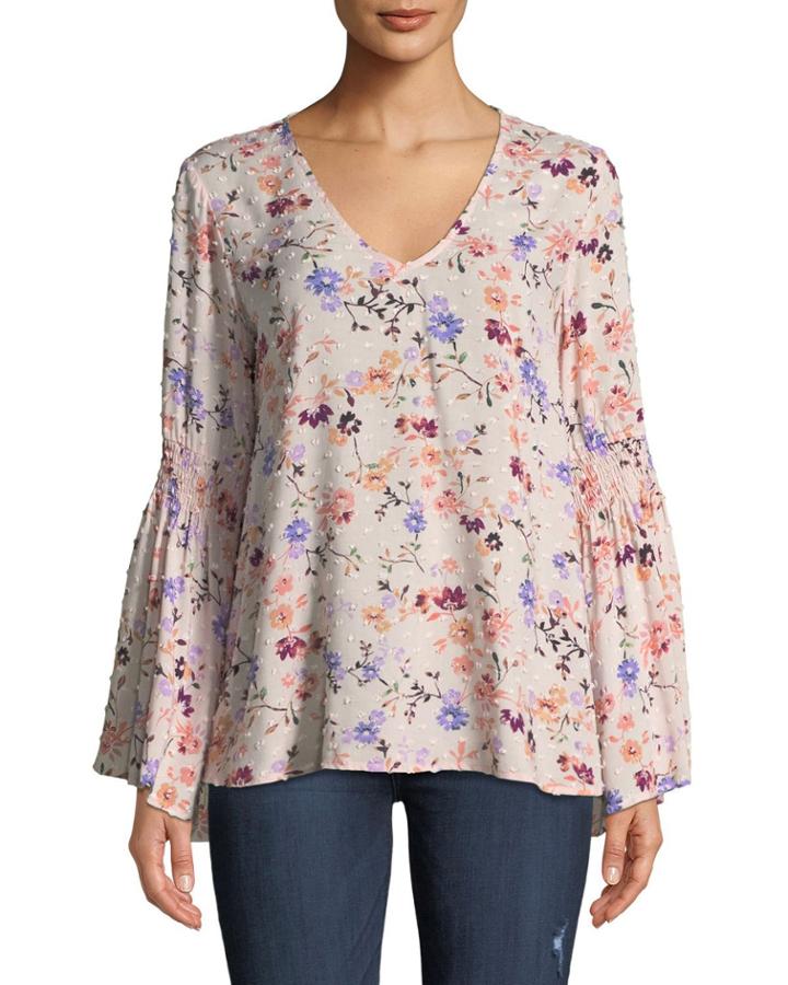 Smocked-sleeve Floral-print Blouse
