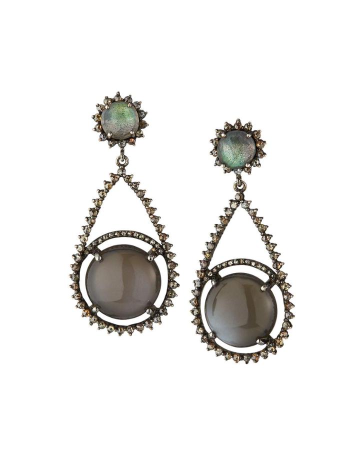 Gray Moonstone Teardrop Earrings W/ Diamonds
