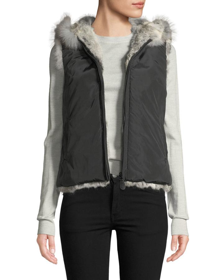 Reversible Rabbit Fur Hooded Vest