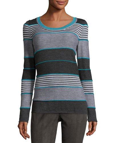Striped Jewel-neck Sweater, Peacock/multi