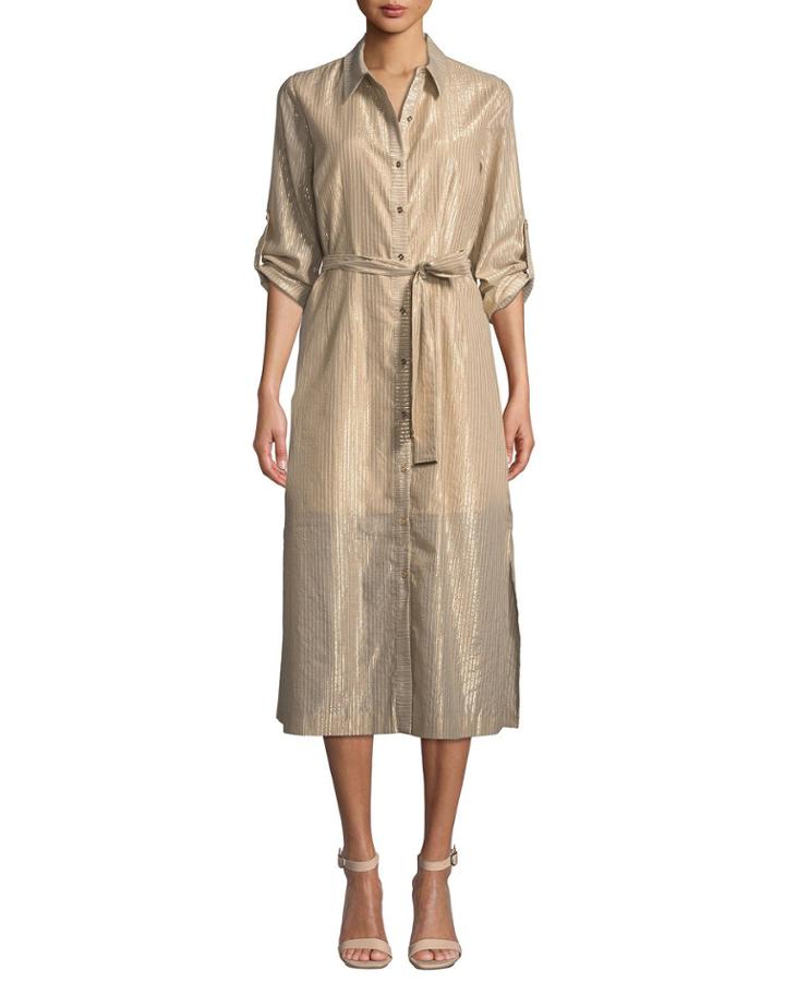Metallic Striped Belted Button-down Dress