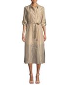 Metallic Striped Belted Button-down Dress