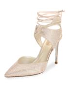 Crystal Beaded Satin Ankle-tie Pumps, Beige
