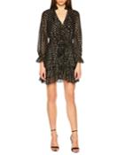 V-neck Long-sleeve Spotted Shirtdress W/ Ruffles