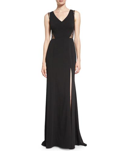 Sleeveless Lace-inset Column Gown, Black