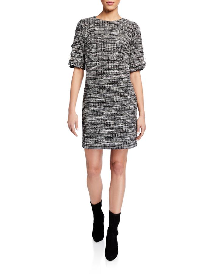 1/2-sleeve Tweed Shift Dress With Ruffle Trim