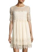 Crochet Lace-inset Shift Dress, Ivory