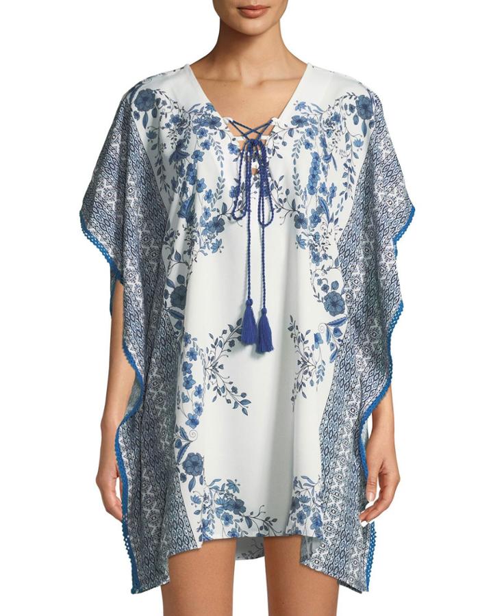 Floral Tile-print Tie-neck Coverup Dress