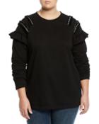 Shoulder-fringe Crewneck Sweatshirt, Black,