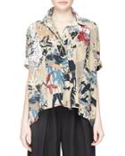 Short-sleeve Street Art-print Camp Top, Paperbag