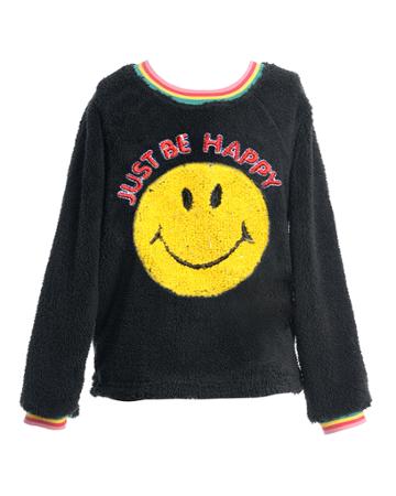 Girl's Faux Sherpa Smiley Face Top,