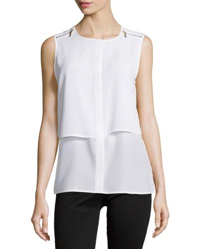Zip-shoulder Sleeveless Blouse, White