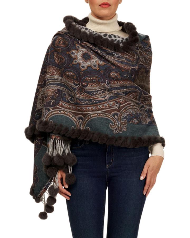 Double-face Cashmere Stole W/ Rabbit Fur Whipstitch & Pompoms, Gray/green