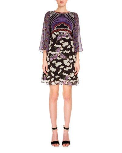 3/4-sleeve Mixed-print Dress, Trinket Cloud