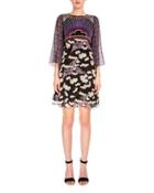 3/4-sleeve Mixed-print Dress, Trinket Cloud