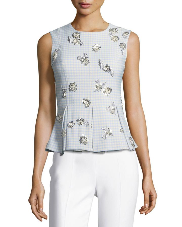 Tara Sleeveless Gingham Suiting Top W/ Embellishments