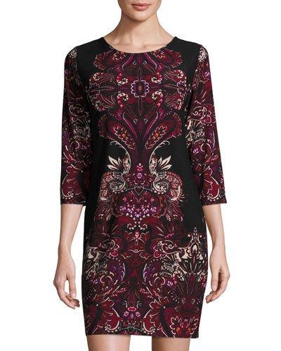 Paisley-print 3/4-sleeve Dress, Black/wine