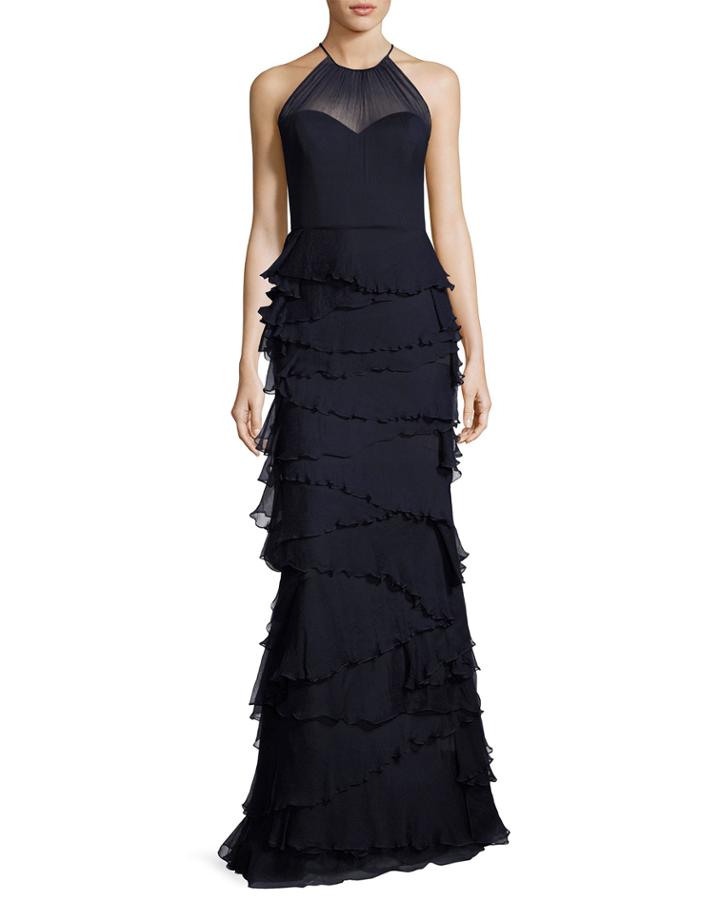 Sleeveless Silk Tiered Ruffle Gown, Navy