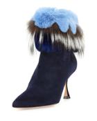 Remola Fur-trim Suede Bootie, Navy Blue