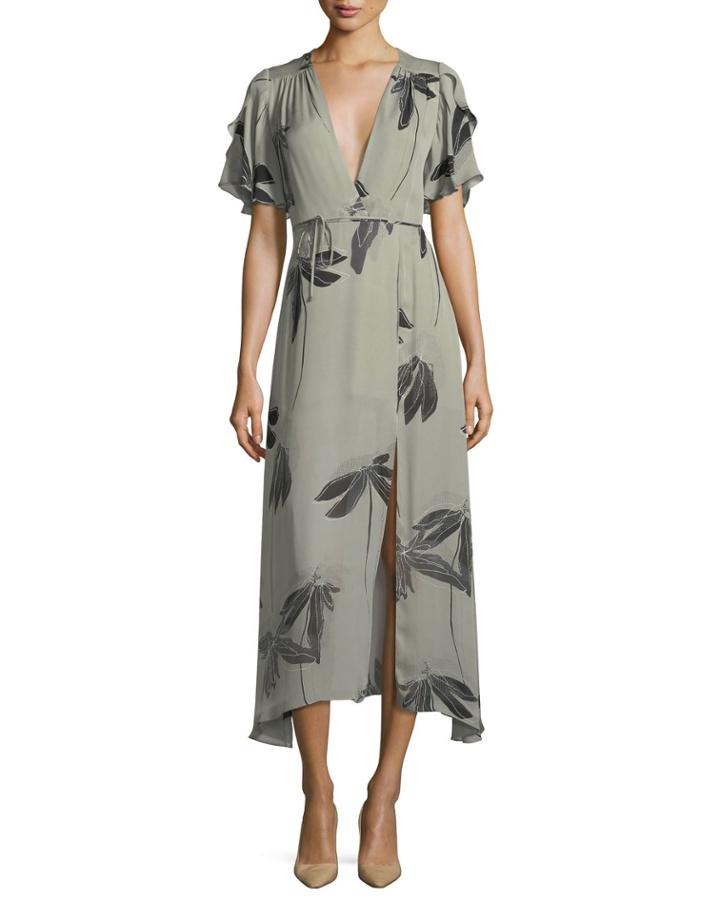 Flutter-sleeve Printed Silk Faux-wrap Dress