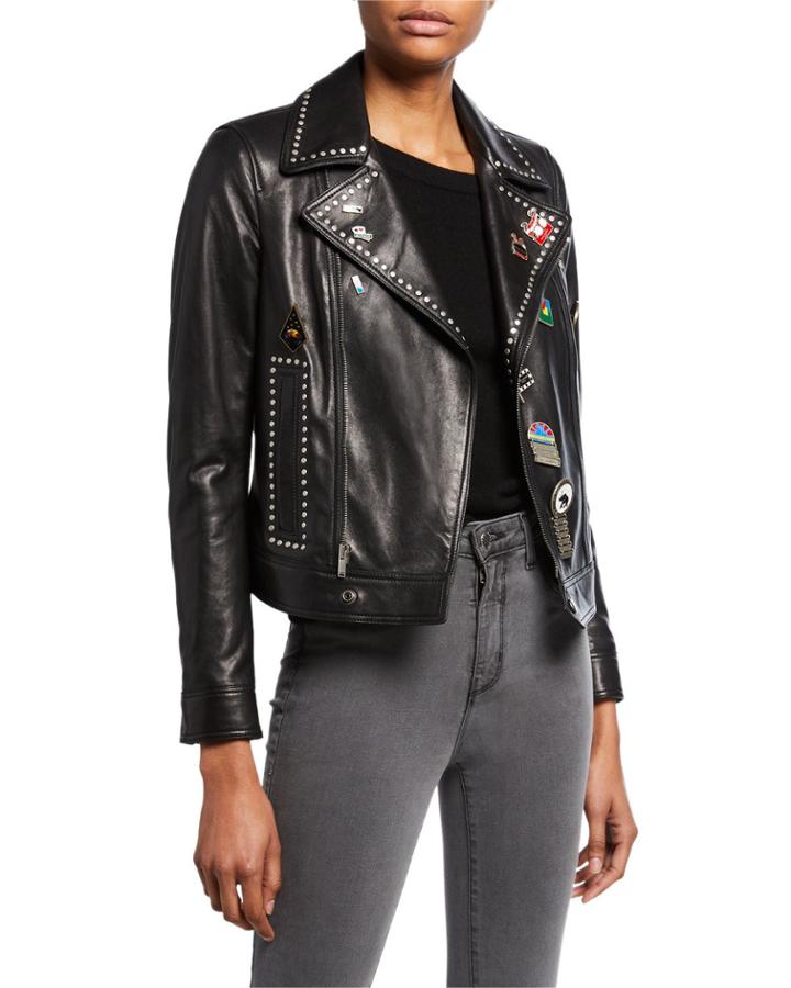 Studded Leather Moto Jacket W/