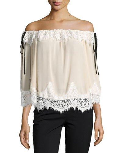 Lace-trim Off-the-shoulder Top, Nude