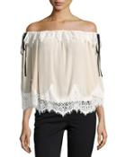 Lace-trim Off-the-shoulder Top, Nude