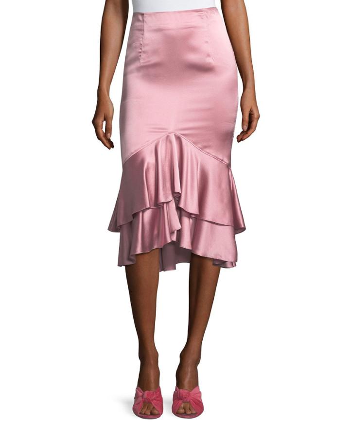 Anissa Fitted Satin Midi Skirt With Ruffled Hem