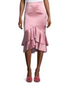 Anissa Fitted Satin Midi Skirt With Ruffled Hem