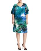 Palm-leaf Print Tiered Sleeve Necklace Shift Dress,