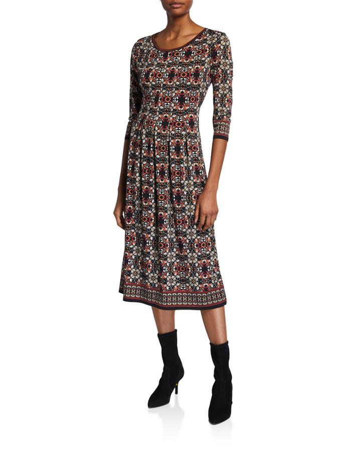 Mosaic Printed 1/2-sleeve Midi A-line Dress