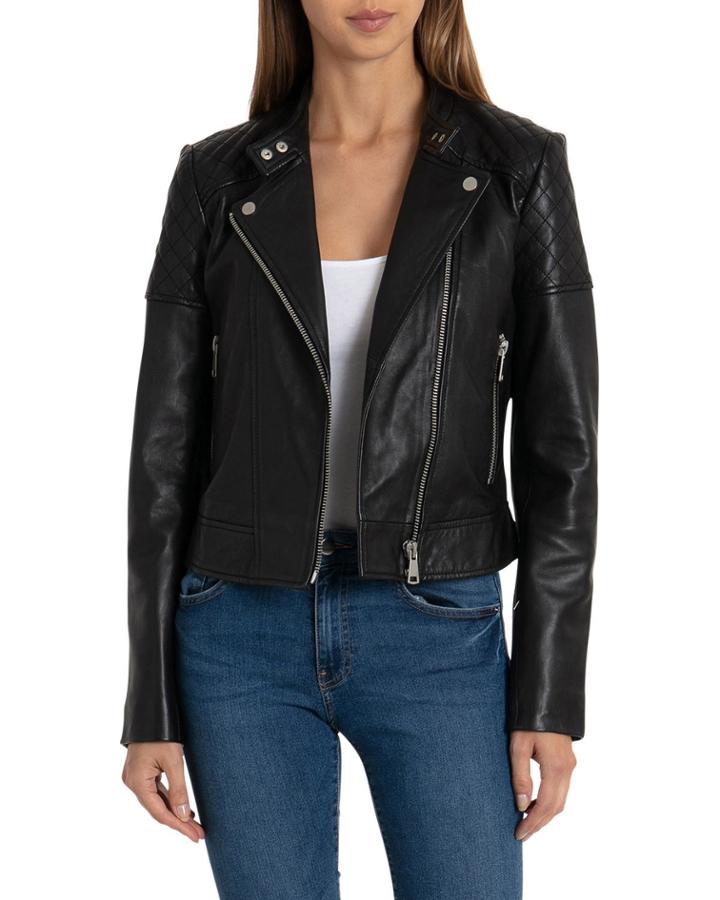 Quilted Leather Moto Jacket, Black