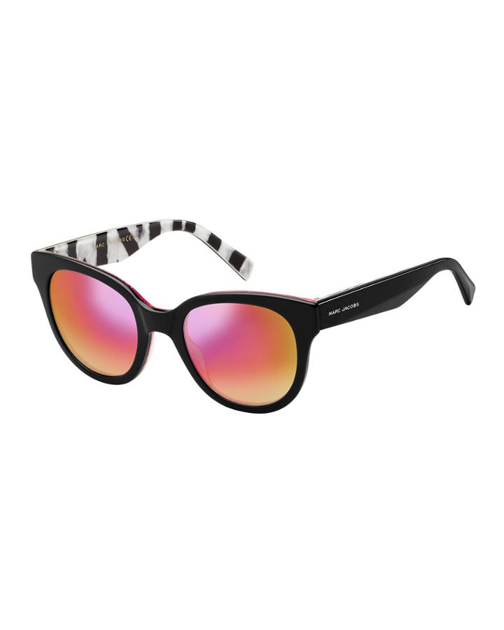 Round Mirrored Sunglasses W/ Zebra-print Trim