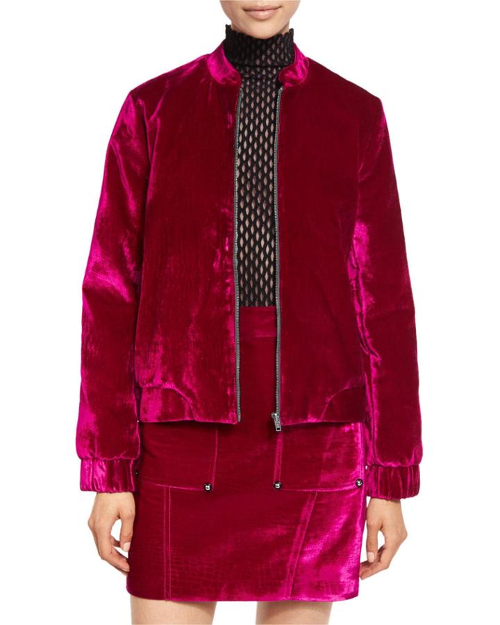 Croc-embossed Velvet Bomber Jacket, Plum