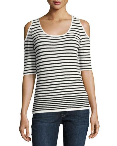 Striped Cold-shoulder Sweater, White/black