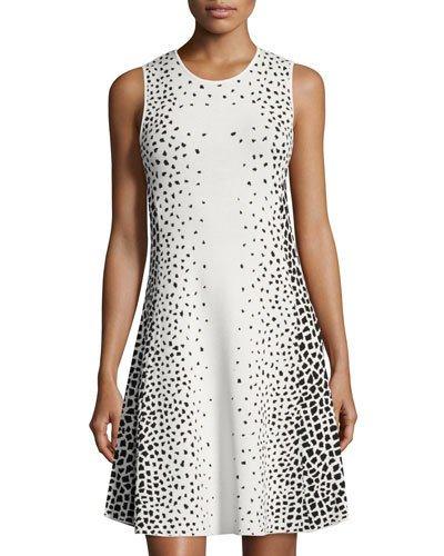 Sleeveless Dot-print Fit & Flare Dress, White/black