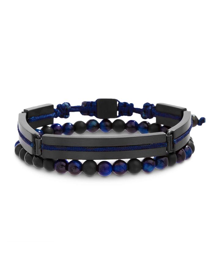 Men's Two-row Stainless Steel Link & Tiger's Eye Bead Bracelet, Black/blue