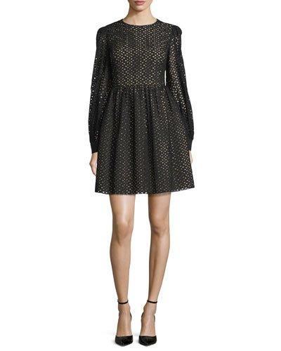 Long-sleeve Eyelet Mini Dress, Black